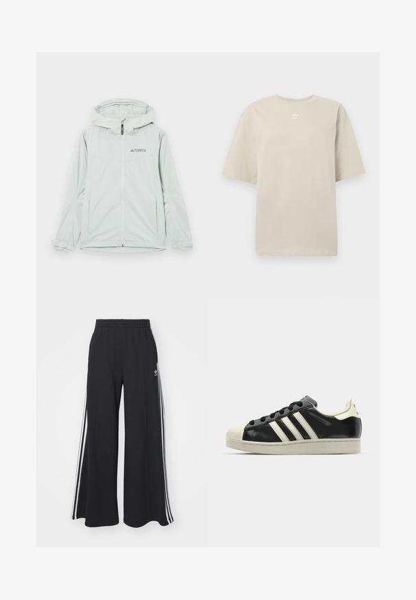 Vaaleanharmaa vedenpitävä takki, jossa on huppu, vetoketjukiinnitys ja Terrex-logo. Takissa on pitkät hihat ja säädettävät hihansuut tiiviin istuvuuden takaamiseksi.; Beigenvärinen lyhythihainen T-paita, valmistettu puuvillasta, jossa pyöreä kaula-aukko ja pieni valkoinen Adidas-logo painettuna rintaan. Pehmeä tuntuma, rento istuvuus.; Mustat löysät verkkarit, joissa on joustava vyötärö, valkoiset sivuraidat ja brodeerattu logo vasemmassa reidessä.; Musta nahkasneakeri, jossa on valkoiset raidat, kuminen varvassuoja, mustat nauhat ja kermaisa ulkopohja. Suora pinta ja kiiltävä viimeistely.