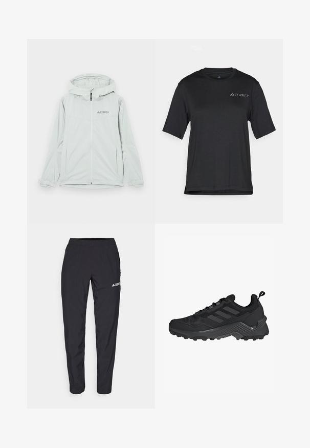 Hellgraue wasserdichte Jacke mit Kapuze, Reißverschluss und Terrex-Logo, mit langen Ärmeln und verstellbaren Manschetten für eine sichere Passform.; Schwarzes Kurzarm-T-Shirt aus leichtem Stoff. Verfügt über einen Rundhalsausschnitt und ein kleines, weißes "TERREX"-Logo auf der Brust.; Schwarze Sporthose aus leichtem, dehnbarem Material mit elastischem Bund und seitlichen Reißverschlusstaschen. Mit weißem Logo am Oberschenkel.; Schwarzer Sportschuh mit einem Mesh-Obermaterial, einem drei-Streifen-Design, einem geformten Fersenbereich und einer robusten Außensohle mit auffälligen Traktionsnoppen.