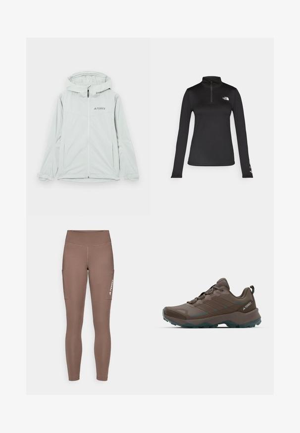 Giacca impermeabile grigia chiara con cappuccio, chiusura a zip e logo Terrex, dotata di maniche lunghe e polsini regolabili per una vestibilità sicura.; The North Face FLEX 1/4 ZIP GRAPHIC - Maglietta a manica lunga - black; Leggings sportivi marroni con vita alta, dotati di tasche laterali e un logo bianco. Tessuto liscio ed elasticizzato per comfort e mobilità.; Scarpe da trekking grigie e teal con pannelli in rete, tomaia texturizzata e suola in gomma robusta. Presentano una linguetta imbottita e un design con lacci.