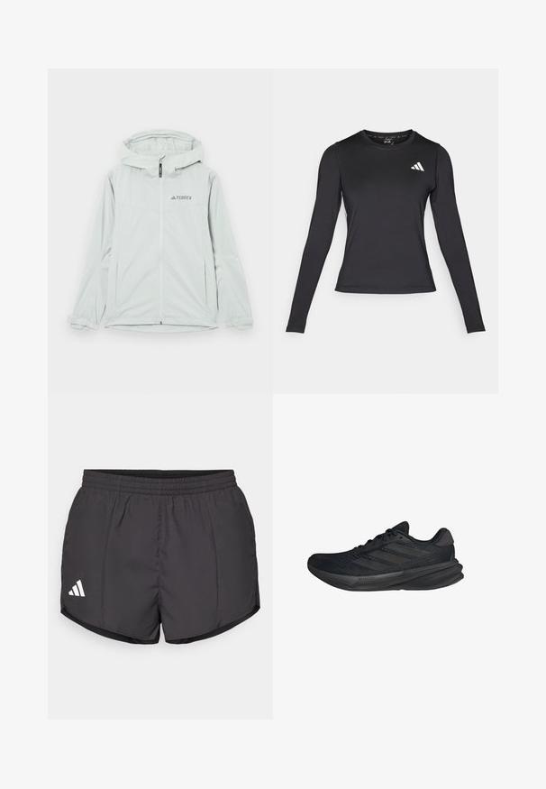 Vaaleanharmaa vedenpitävä takki, jossa on huppu, vetoketjukiinnitys ja Terrex-logo. Takissa on pitkät hihat ja säädettävät hihansuut tiiviin istuvuuden takaamiseksi.; Musta pitkähihainen urheilupaita, joka on valmistettu sileästä ja joustavasta materiaalista. Paidassa on valkoinen logo rinnassa. Täydellinen istuvuus ja pyöreä kaula-aukko.; Mustat urheilushortsit kevyestä kankaasta, joissa on joustava vyötärö ja valkoinen Adidas-logo vasemmassa alakulmassa.; Mustat urheilukengät, joissa on verkkopinta, virtaviivainen muoto, litteä pohja ja kolme vinoa raitaa sivussa. Kevyt muotoilu mukavuutta varten.