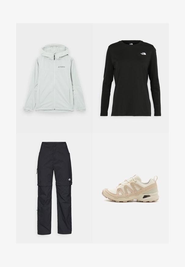Hellgraue wasserdichte Jacke mit Kapuze, Reißverschluss und Terrex-Logo, mit langen Ärmeln und verstellbaren Manschetten für eine sichere Passform.; Schwarzes Langarm-T-Shirt aus Baumwolle mit Rundhalsausschnitt. Verfügt über ein kleines weißes Logo auf der linken Brustseite. Einfaches Design und Passform.; Schwarze Nylon-Zip-Off-Cargohosen mit verstellbaren Bündchen, mehreren Taschen und einem Logo am rechten Bein. Glatte, leichte Textur.; Beige und cremefarbenen Sportschuh mit strukturiertem Mesh-Obermaterial, unterstützenden Überzügen und Gummisohle mit einem Profilmuster für Bodenhaftung.