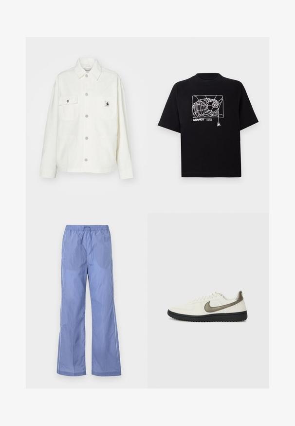 Witte katoenen jas met een knoopsluiting aan de voorkant, twee borstzakken en een vierkante logopatch. Ontspannen pasvorm met lange mouwen en zichtbare stiksels.; Zwarte T-shirt van katoen met korte mouwen. Voorzien van een witte spinnenwebgrafiek en logo op de voorkant. Eenvoudige ronde halslijn.; Blauwe lichtgewicht broeken met een elastische tailleband, met een comfortabele pasvorm en zijpaspels. Gemaakt van een glad, duurzaam materiaal.; Nike Sportswear FIELD GENERAL - Sneakers laag - off-white/black