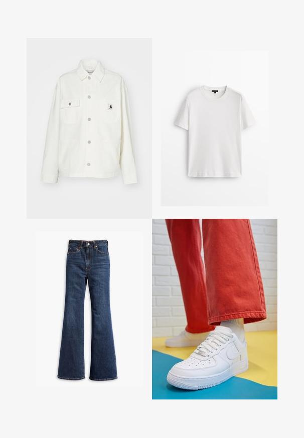 Witte katoenen jas met een knoopsluiting aan de voorkant, twee borstzakken en een vierkante logopatch. Ontspannen pasvorm met lange mouwen en zichtbare stiksels.; Witte katoen t-shirt met korte mouwen, ronde hals en een ontspannen pasvorm. Glad materiaal en eenvoudig ontwerp, zonder patronen of accenten.; Donkerblauwe denim flared jeans met een hoge taille, voorzien van vijf zakken, een knoopsluiting en zichtbare stiksels langs de naden.; Witte leren sneaker met geperforeerde teenbox, gestructureerde zool en witte veters, gecombineerd met wijde rode broeken en een blauw-geel achtergrond.