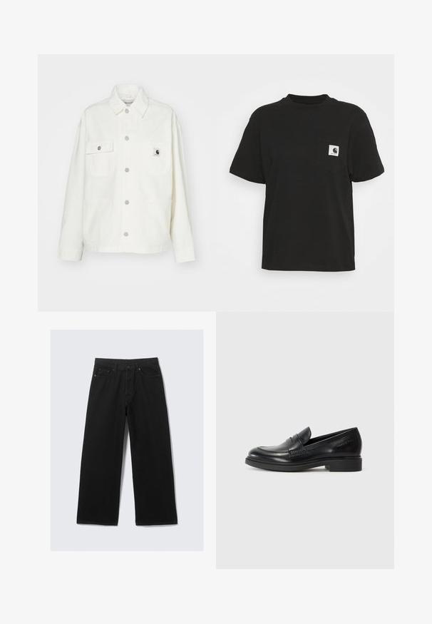 Jachetă albă din bumbac cu un închidere tip buton, două buzunare pe piept și o etichetă pătrată cu logo. Croială lejeră, cu mâneci lungi și cusături vizibile.; Tricou din bumbac negru cu mâneci scurte, guler rotund și un buzunar frontal cu un logo pătrat alb și negru.; Pantaloni negri cu picioare largi, confecționați din denim, având un design clasic cu cinci buzunare și o talie structurată cu bucle pentru curea.; Mocasini din piele neagră cu vârful rotund, detalii cusute și toc jos de tip bloc. Textură netedă, fără modele sau accente vizibile.