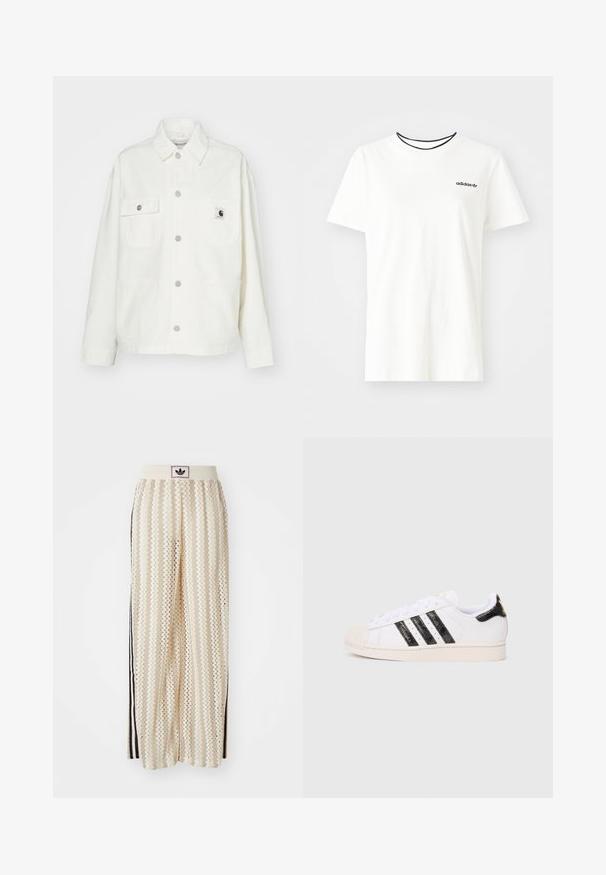 Chaqueta de algodón blanca con cierre de botones en la parte frontal, dos bolsillos en el pecho y un parche de logo cuadrado. Corte holgado con mangas largas y costuras visibles.; Camiseta de algodón blanca con manga corta y escote redondo. Presenta un logo negro de Adidas en el pecho y un cuello interior negro en contraste.; Pantalones de pierna ancha en color crema con un patrón en zigzag, que cuentan con una cinturilla con logo negro y franjas negras en los laterales. Tejido ligero y texturizado.; Zapatilla blanca con rayas y acentos texturizados en negro; cuenta con una puntera de goma, cordones planos y acolchado alrededor del tobillo.