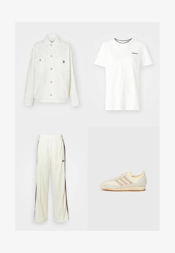 Balta medvilninė striukė su sagų užsegimu priekyje, dviem krūtinės kišenėmis ir kvadrato formos logotipo etikete. Laidus kirpimas, ilgomis rankovėmis ir matomais siūlais.; Balta medvilnė marškinėliai su trumpomis rankovėmis ir apvalia iškirpte. Ant krūtinės yra juodas Adidas logotipas, o vidinė apykaklė yra kontrastinga juoda.; Kreminės spalvos laisvos kelnės, turinčios tamsiai rudas šonines juostas ir išsiuvinėtą logotipą kairiajame šlaunyje.; Kreminių spalvų sportiniai bateliai su trimis bežinėmis juostelėmis, pagaminti iš zomšos ir tekstilės medžiagų, su tekstūruota baze ir įspaustu prekiniu ženklu ant kulno.