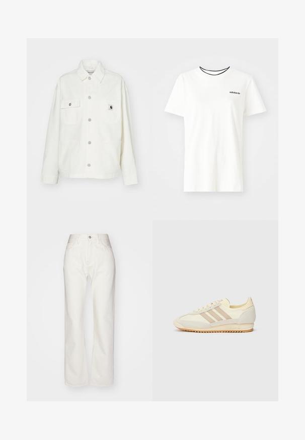 Giacca bianca in cotone con chiusura a bottoni, due tasche sul petto e una toppa quadrata con logo. Vestibilità rilassata con maniche lunghe e cuciture a vista.; T-shirt bianca in cotone con maniche corte e scollatura rotonda. Presenta un logo Adidas nero sul petto e un colletto interno a contrasto nero.; Pantaloni in denim bianco con vita alta e taglio ampio. Presentano chiusura con bottone e zip, passanti per cintura e dettagli di cucitura sottili.; Sneaker sportivo crema con tre strisce beige, materiali in suede e tessuto, suola testurizzata e logo in rilievo sul tallone.