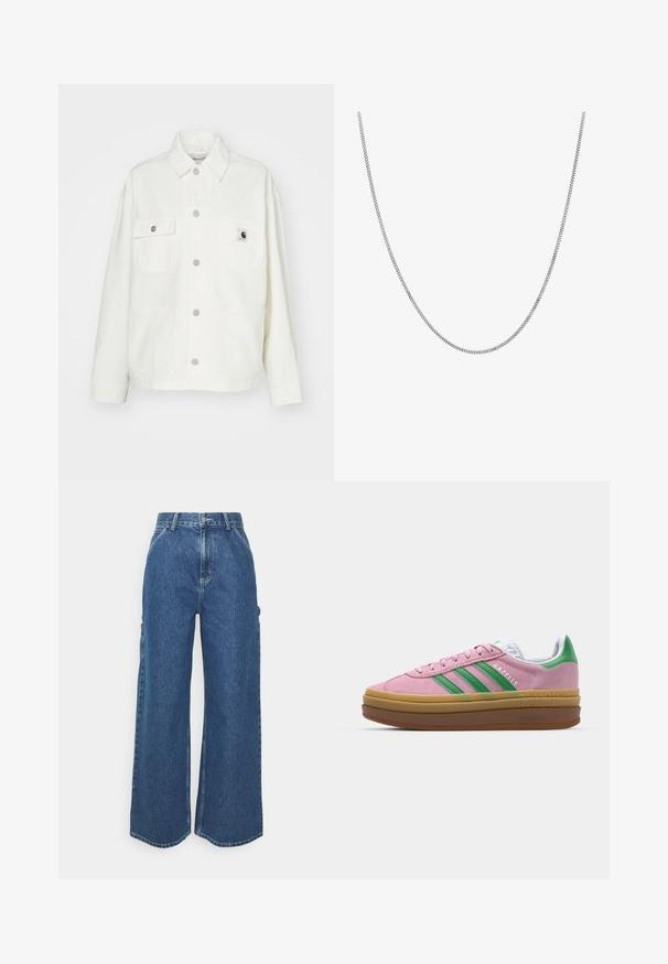 Bijela pamučna jakna s dugim rukavima, gumbima sprijeda, dva džepa na prsima i kvadratnom oznakom. Opušteni kroj s vidljivim šavovima.; Bijela pamučna majica s opuštenim krojem, kratkim rukavima i malim izvezenim logom na lijevoj strani prsnog dela.; Široke plave traperice s visokim strukom, kontrastnim šavovima i bočnim džepovima, s klasičnim dizajnom s pet džepova i sirovim rubovima.; Roze suede tenisice s zelenim trakama, bijelim detaljima i smešnim gumiranim potplatima. Imaju teksturirani materijal i logo detalje sa strane.; Srebrna lančić ogrlica s glatkim, okruglim ravnim karikama. Ima sjajnu površinu i dugačka je otprilike 20 inča.
