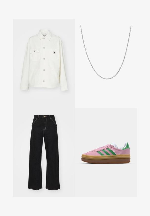 Fehér pamut dzseki gombos elejével, két mellzsebbel és négyzet alakú logóval. Lazán illeszkedő szabás, hosszú ujjakkal és látható varrással.; Fehér pamut póló laza szabással, rövid ujjakkal és egy kis hímzett logóval a bal mellrészén.; Fekete, széles szárú farmernadrág, kontrasztos fehér varrással és elülső gombos záródással, két ferde elülső zsebbel.; Rózsaszín zamákból készült sportcipő zöld csíkokkal, fehér díszítéssel és barna gumi talppal. Texturált anyaggal és logóval ellátott részletekkel az oldalon.; Ez egy ezüst lánc nyaklánc, sima, kerek, lapos láncszemekkel. Csillogó felülettel rendelkezik és hozzávetőlegesen 20 hüvelyk hosszú.