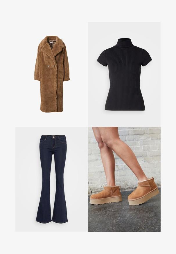Bruine nep bontjas met een dubbel knoopsgat, ingezette kraag en zijzakken. Zachte textuur en middellange design.; Zwarte, kortemouwige coltrui gemaakt van ribbelstof, met een slim fit en een hoog kraagontwerp. Eenvoudig en gestructureerd patroon.; Donkere jeans met flare, een aansluitende taille, een sluiting met een voorbutton, een vijf-pocket ontwerp en naaddetails langs de benen.; Bruine suède enkelboots met een zachte voering, dikke beige plateauzool en een achterste lus. Getextureerde oppervlakte met zichtbare stiksels.