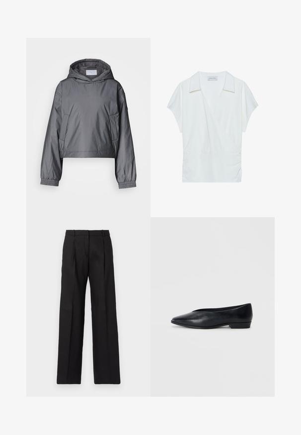Jachetă gri scurtă, confecționată dintr-un material ușor, dotată cu glugă, mansete elastice și buzunare laterale. Textură netedă cu un design minim.; Bluză albă cu guler, dintr-un material neted, cu mâneci scurte și detalii pliate la talie pentru o ajustare lejeră.; Pantaloni negri personalizați cu un design drept, având pliuri ascuțite și o textură netedă. Confecționați dintr-un material ușor.; Pantof cu talpă plată din piele neagră, cu vârf ascuțit, călcâi ușor ridicat și suprafață netedă. Design simplu, fără hardware vizibil sau modele.