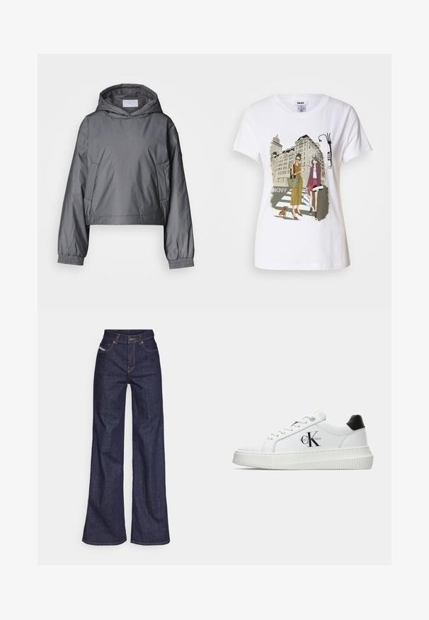 Szürke, cropped fazonú kabát, könnyű anyagból készült, kapucnival, elasztikus mandzsettákkal és oldalsó zsebekkel. Sima textúrája van, minimális dizájnnal.; Fehér pamut póló, amelyen nyomtatott illusztráció látható két nő városi divatstílusban, egy kutyával a zebrán és városi épületekkel a háttérben.; Sötétkék, bő szárú farmernadrág, magas derékkal, narancssárga varrással, öt zsebes kialakítással és gombos zárással.; Fehér alacsony szárú edzőcipő fekete saroktabbal, platform talppal, fűzőkkel és Calvin Klein "CK" logóval az oldalán.