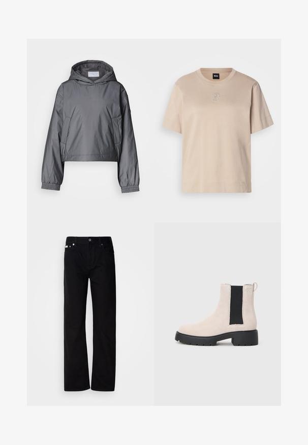 Szara, krótka kurtka wykonana z lekkiego materiału, z kapturem, elastycznymi mankietami i bocznymi kieszeniami. Gładka tekstura z minimalistycznym designem.; Beżowa, krótko-sleeve bawełniana koszulka z okrągłym dekoltem oraz małym, haftowanym, nakładającym się logo "B" na środku przodu.; Czarne dżinsowe spodnie straight-leg z pięcioma kieszeniami, srebrnymi nity i zapięciem na guziki. Materiał ma gładkie, lekko teksturowane wykończenie.; Beżowe zamszowe botki Chelsea z czarną elastyczną wstawką po bokach, masywną czarną podeszwą i pętelką przy kostce.