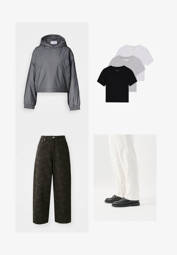 Grå cropped jakke lavet af letvægtsmateriale, med hætte, elastiske manchetter og sidelommer. Glat tekstur med minimalistisk design.; Sæt af tre kortærmede t-shirts i sort, grå og hvid. Fremstillet af bomuld, har en rund hals og et enkelt, ensfarvet design.; Mørkegrønne vide bukser har et tekstureret blomsterdesign, fem lommer og metalknaplukninger i taljen.; Sorte læder loafers med en glat overflade, syninger og en rund tå, parret med hvide skræddersyede bukser.