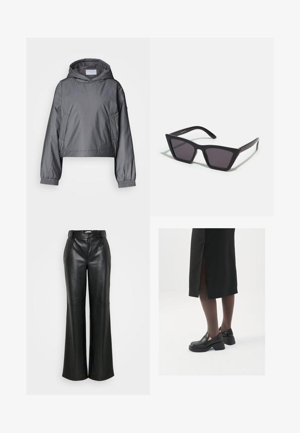 Grau ohrenschnallte Jacke aus leichtem Material, mit Kapuze, elastischen Bündchen und seitlichen Taschen. Glatte Textur mit minimalistischem Design.; Schwarzes geripptes Rollkragenoberteil, kurze Ärmel, figurbetontes Design, weiche Textur, minimale Nähte und ein hoher Kragen.; ONLY Tall ONLSMOOTH WIDE - Stoffhose - black; Schwarze Lederschuhe mit abgerundetem Zeh, dicker Blockabsatz und elastischen seitlichen Akzenten, kombiniert mit dunklen Strumpfhosen und einem schwarzen Rock mit Schlitz.; Schwarze, eckige Sonnenbrille mit grauen Gläsern; aus Kunststoff gefertigt, mit dicken Bügeln, die eine glatte Oberfläche und keine sichtbaren Beschläge haben.