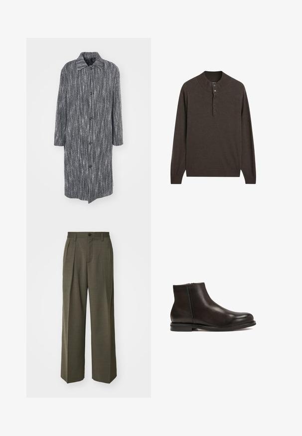 Cappotto lungo e morbido con un motivo a spina di pesce in bianco e nero, dotato di colletto a risvolto e sei bottoni frontali.; Pullover lungo marrone a maniche lunghe con colletto alto e pattina con tre bottoni. Realizzato in tessuto morbido, presenta una texture liscia e polsini a costine.; Filippa K WIDE TROUSERS - Pantaloni - driftwood; Stivale alla caviglia in pelle nera con una superficie liscia, punta arrotondata e tacco basso. Presenta una zip laterale per indossarlo facilmente.