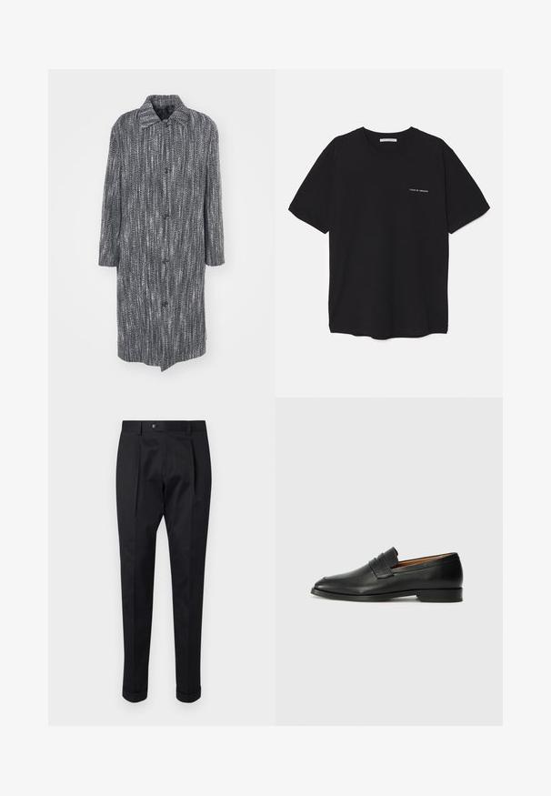 Abrigo largo y holgado con un patrón de espiga en blanco y negro, con cuello abierto y seis botones en la parte delantera.; Camiseta de algodón negra con cuello redondo, mangas cortas y un estampado de logo blanco en el lado izquierdo del pecho. Diseño simple y de color sólido.; Pantalones negros de tejido suave, con un pliegue en la parte delantera, cierre de botón y puños enrollados en el tobillo.; Mocasín de cuero negro con punta redonda, detalles de costura sutil y un tacón bajo, que presenta una textura suave y un diseño minimalista.