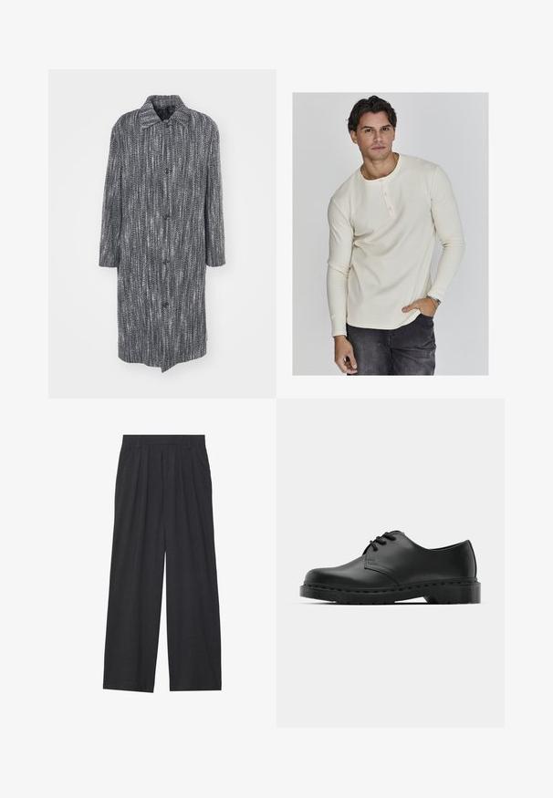 Lang, løstsiddende frakke med en herringbone-mønster i sort og hvid, med krave og seks frontknapper.; Langærmet cremefarvet ribbet henley-shirt med rund halsudskæring, tre-knaps lukning og tætsiddende manchetter, parret med mørke jeans.; Vidder bukser lavet af mørkegrå stof. Har folder ved taljen, et skræddersyet design og en lige silhuet.; Sorte læder oxford-sko med snørebåndsdesign, rund tå, flad gummisål og subtil syning langs overdelen.