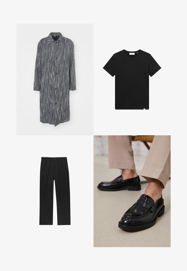 Dolga, široka plašča z vzorcem ribje kosti v črno-beli barvi, ki ima razprt ovratnik in šest sprednjih gumbov.; Črn kratkolasasti T-majica iz bombaža z okroglim izrezom in majhnim logotipom vezenim na prsih. Gladka tekstura, standardna prileganja.; Črne hlače z ravnim krojem, narejene iz gladkega materiala. Imajo sprednje gube in enojno zaponko na pasu.; Črne usnjene loafer čevlje z gladko površino, ki imajo okrasno zaponko in kontrastno šivanje, v kombinaciji s bež hlačami.