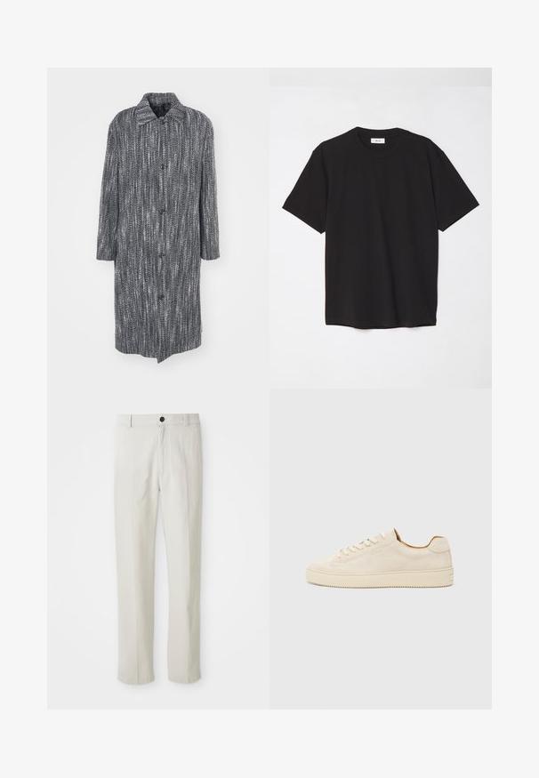 Casaco longo e largo com um padrão de espinha de peixe em preto e branco, apresentando um colarinho aberto e seis botões frontais.; T-shirt de algodão preto com decote redondo, mangas curtas e um corte descontraído. Design simples, textura suave e sem padrões ou logótipos visíveis.; Calças beige de perna reta com passantes para cinto, botão frontal e fecho de zip, exibidas de forma plana sobre um fundo branco.; Sapatilhas de camurça bege com um design de cano baixo, bico redondo, atacadores planos e uma sola de borracha texturizada. Estilo minimalista sem logótipos visíveis.
