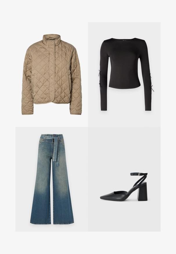Pučna rjava jakna s visokim ovratnikom, polnim zapiranjem na sprednji strani in stranskimi žepi. Značilna je s kostjo obliko šivanja in gladko teksturo.; Črni dolg rokav s krožnim izrezom. Ima nastavljive zavezave na rokavih, izdelan iz gladkega, elastičnega materiala.; Široke jeans hlače z gradientom od svetlo do temno modre, visokim pasom, zankami za pas in pasom iz istega materiala. Tekstura denim končnica.; Črne usnjene klasične čevlje z ostrim nosom, z zaponko za gleženj in debelim peto. Ravna tekstura, eleganten dizajn in minimalistična estetika.