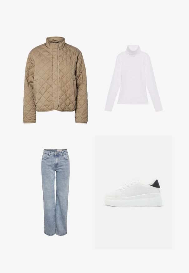 Chaqueta acolchada marrón con un alto cuello, cierre frontal completo y bolsillos laterales. Presenta costuras en forma de diamante y una textura suave.; Top blanco de manga larga y cuello alto, confeccionado en una tela suave y elástica. Presenta un diseño ajustado, sin patrones o adornos visibles.; Jeans de pernera ancha en azul claro, elaborados en denim, con cintura alta, diseño de cinco bolsillos y un ligero desvanecimiento que les da un aspecto usado.; Zapatillas de plataforma blancas hechas de material sintético suave, con punta redondeada, diseño de cordones y suela de goma texturizada. Acento en el talón negro.