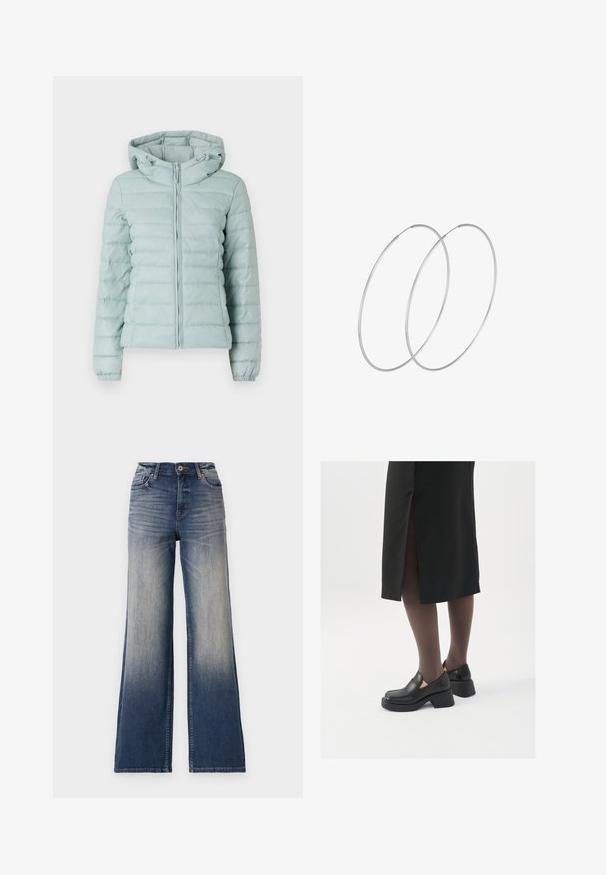 Giacca imbottita blu chiaro con cappuccio, chiusura a zip e polsini elasticizzati. Presenta un design trapuntato e una consistenza morbida. Adatta per il freddo.; Maglione nero con pois bianchi, scollatura rotonda e maniche lunghe. Realizzato in materiale morbido con polsini e orlo a coste.; Jeans a vita alta e gamba larga in denim blu chiaro a scuro con sfumature, dotati di chiusura con bottone e passanti per cintura. Orlo pulito e senza decorazioni visibili.; Scarpe in pelle nera con punta arrotondata, tacco spesso a blocco e accenti laterali in elastico, abbinate a collant scuri e una gonna nera con uno spacco.; Orecchini a cerchio in argento con un design minimalista. Forma circolare, superficie liscia e profilo sottile. Leggeri con una finitura lucida.