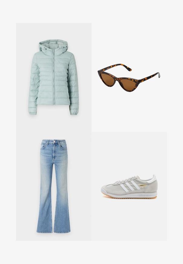 Light blue puffer jacket with a hood, zip closure, and elastic cuffs. Features quilted design and soft texture. Suitable for cold weather.; ONLY ONLMELITA O NECK - Jumper - winter moss; Light blue flared jeans made of denim, featuring a high waist, five-pocket design, and subtle gradient fading towards the hem.; Light grey sneaker made of suede and mesh, featuring three white stripes, round toe, and a gum rubber sole. Gold logo accent near laces.; Cat-eye sunglasses with a black and orange tortoiseshell frame, brown lenses, and sleek, pointed tips. Features a minimal logo on the temple.