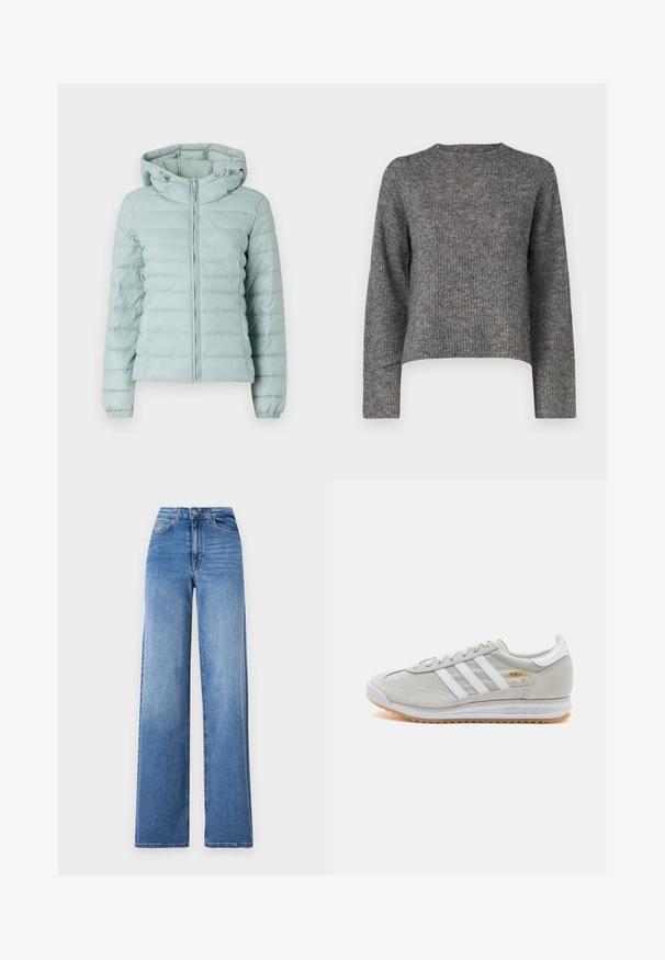 Vaaleansininen puhvijakku, jossa on huppu, vetoketjusuljenta ja elastiset hihansuut. Sisältää tikatun muotoilun ja pehmeän tekstuurin. Sopii kylmiin sääolosuhteisiin.; Harmaa neulottu villapaita, jossa on pitkät hihat, pyöreä pääntie ja rauhallinen leikkuu. Rakenteellinen kangas ja lyhyt pituus. Ei lisätietoja.; Vaaleansiniset leveälahkeiset farkut, jotka on valmistettu denimestä. Ne ovat korkeavyötäröiset, niissä on etutaskut ja tavallinen nappikiinnitys. Pintakankaan rakenne on sileä.; Vaaleanharmaat sneakerit, jotka on valmistettu mokasta ja verkosta, sisältäen kolme valkoista raitaa, pyöreän kärjen ja kumisen pohjan. Kultainen logo yksityiskohta nauhojen läheisyydessä.