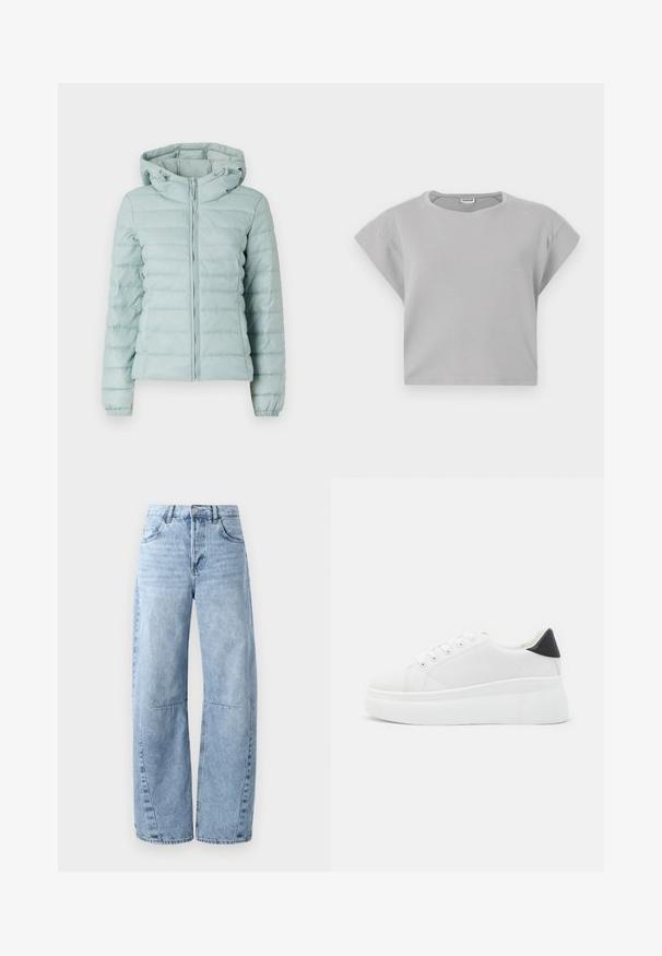 Lyseblå pufferjakke med hætte, lynlås lukning og elastiske manchetter. Har quiltet design og blød tekstur. Velegnet til koldt vejr.; Lys grå cropped sweatshirt med korte, rullede ærmer, rund halslinje og subtile sømdetaljer. Fremstillet af blødt, åndbart stof.; Lysblå brede jeans lavet af denim, med høj talje, fem lommer og diskret slid. Benene har synlige syninger og sømme.; Hvide platform sneakers lavet af glat syntetisk materiale, med en afrundet tå, snørebåndsdesign og en struktureret gummisål. Sorte hæl akcent.
