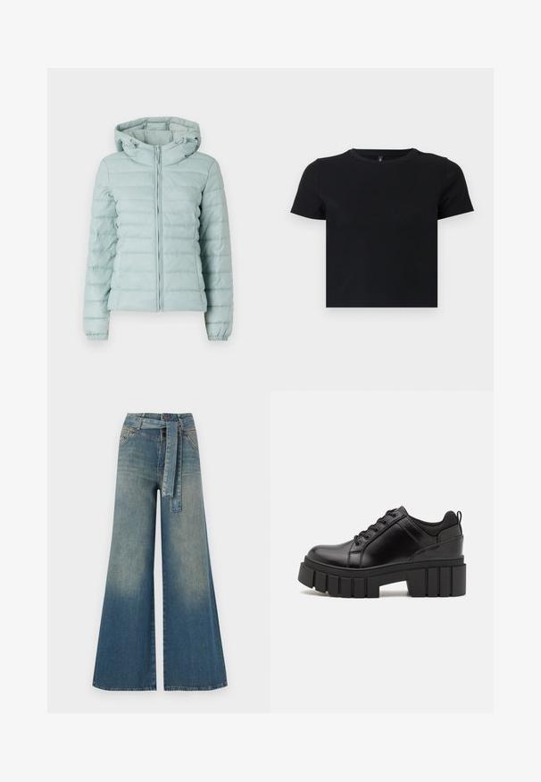 Light blue puffer jacket with a hood, zip closure, and elastic cuffs. Features quilted design and soft texture. Suitable for cold weather.; Black short-sleeve t-shirt made from soft cotton. Features a round neckline and a fitted design. Smooth texture without patterns or accents.; Wide-leg denim trousers featuring a light to dark blue gradient, high waist, belt loops, and a matching fabric belt. Textured denim finish.; Black leather platform shoes with a chunky block heel, round toe, and traditional lace-up design. Features smooth texture and minimal detailing.