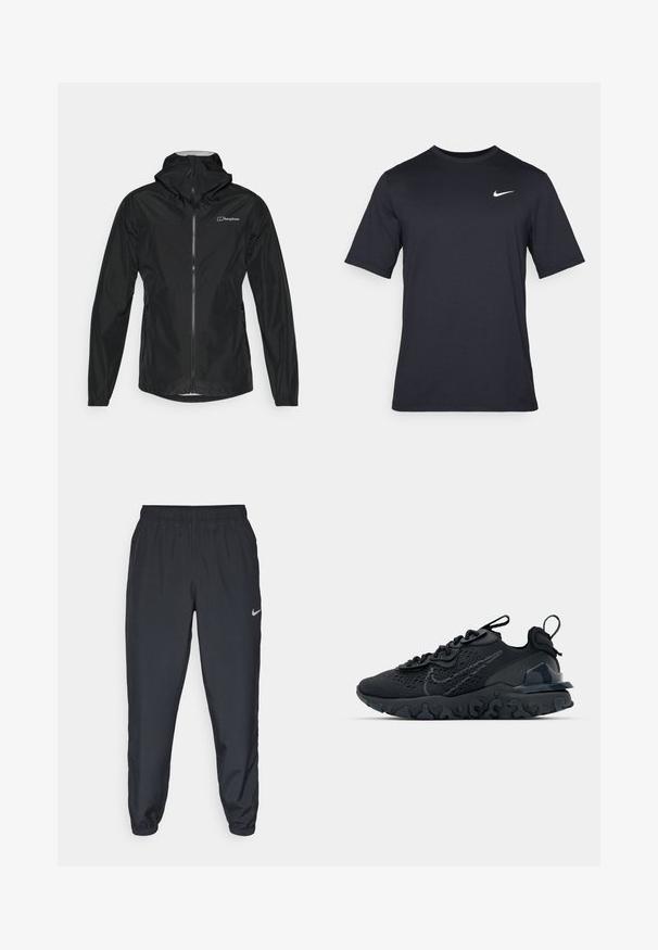 Casaco impermeável preto com capuz, apresentando um fecho frontal, punhos elásticos e detalhe de logotipo refletor no peito. Textura suave.; T-shirt Nike preto de manga curta, feito de um tecido suave, com um logo swoosh branco no lado superior esquerdo, gola redonda.; Calças de treino pretas feitas de um tecido leve, com um cós elástico, punhos nos tornozelos e um discreto logótipo da Nike no lado esquerdo.; Sapatilha atlética preta com parte superior de malha respirável, detalhes texturizados e sola de borracha ondulada. Apresenta um logotipo reflexivo e um sistema de atilho.