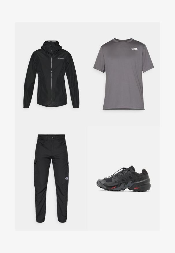 Črna vodoodporna jakna s kapuco, z sprednjim zadrgo, elastičnimi manšeti in odsevnimi logotipi na prsih. Gladka tekstura.; Sivina športna majica s kratkimi rokavi, izdelana iz gladkega, lahkega materiala. Ima beli logo na levem prsnem predelu. Oblika okroglega ovratnika.; The North Face HORIZON PANT - Hlače za na prostem - black; Črne tekaške čevlje s sintetičnim zgornjim delom, teksturiranim dizajnom in kontrastnimi rdečimi poudarki. Imajo zavarovan sistem vezalk in trden podplat.