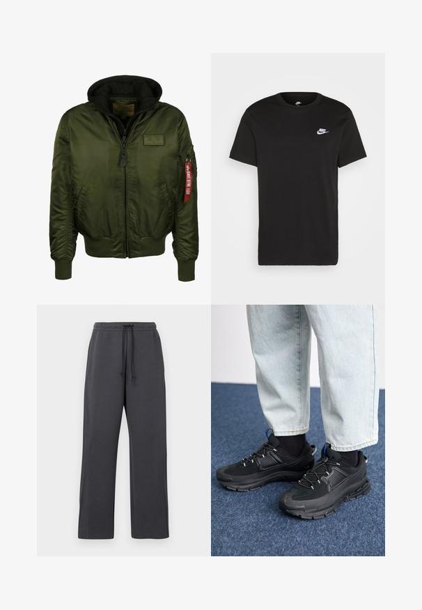 Vihreä pommitakki, jossa on huppu, vetoketjullinen etuosa, ribattu hihansuut ja helma sekä punainen merkki hihassa, jossa lukee "Poista ennen lentoa."; Mustapaita, jossa on lyhyet hihat, pyöreä kaula-aukko ja pieni valkoinen Nike-logo vasemmassa ylärinnassa. Sileä rakenne. Klassinen malli.; Harmaat collegehousut, joissa on kiristysnauha vyötäröllä, valmistettu pehmeästä kankaasta. Leveät lahkeet sivusaumoilla, hillityt yksityiskohdat eikä näkyviä kuvioita.; Mustat urheilukengät, joissa on teksturoitu kangas ja kumipohjat, elastiset nauhat ja sininen yksityiskohta kannassa. Yhdistetty vaaleisiin farkkuihin.