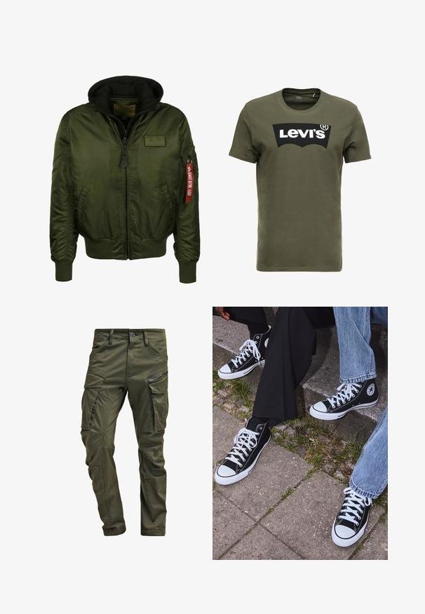 Groene bomberjack met capuchon, ritssluiting aan de voorkant, geribbelde manchetten en zoom, en een rode label op de mouw met de tekst "Verwijderen Voor Vliegtuigvaart."; Olijfgroen katoenen T-shirt met een groot zwart Levi's-logo op de voorkant. Klassieke ronde hals en korte mouwen, gladde textuur.; Olijfgroene cargobroek gemaakt van stevig katoen. Beschikt over meerdere zakken, een met rits afgesloten zijzak en taps toelopende pijpen met een licht getextureerde afwerking.; Zwarte canvas sneakers met hoge schacht, witte rubberen zolen en veters, met een cirkelvormig logo aan de zijkant, gecombineerd met denim en zwarte broeken.