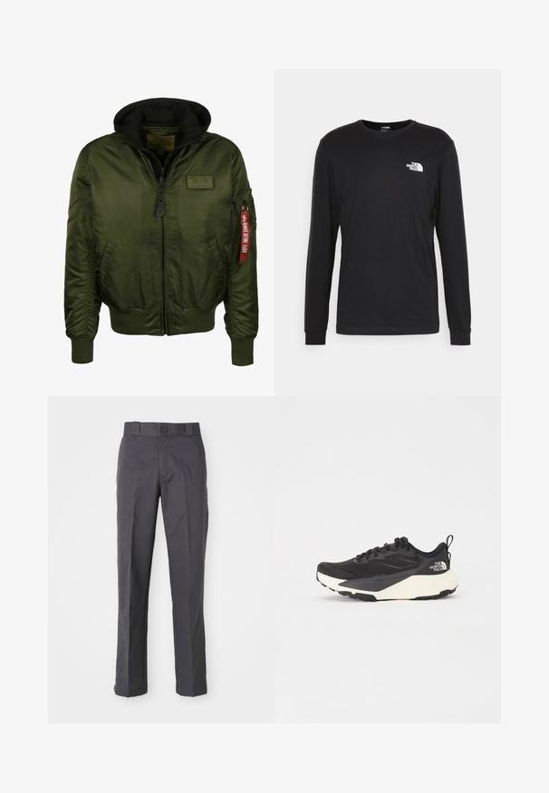 Green bomber jacket with a hood, zippered front, ribbed cuffs and hem, and a red tag on the sleeve stating "Remove Before Flight."; Black long-sleeve t-shirt made of cotton, featuring a white logo on the left chest and ribbed cuffs. Smooth texture with a crew neckline.; Dark gray trousers made of cotton blend, featuring a straight-leg design, front pockets, and a button closure at the waist.; Black athletic shoe with textured mesh upper, solid black accents, and white lightweight outsole. Features lace-up closure and pull tab.