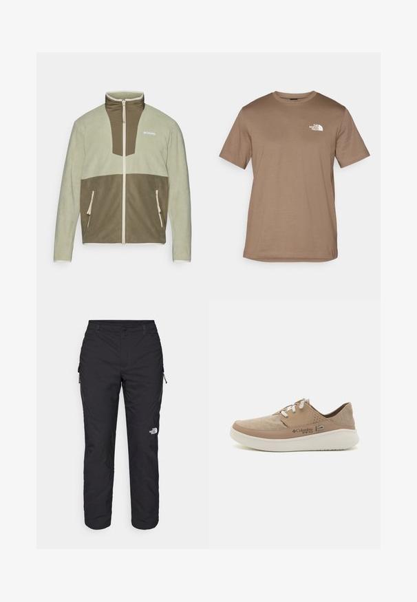 Fleece bunda s vysokým golierom, so svetlozelenou hornej časťou a tmavozelenou dolnej časťou. Zipsové vrecká a logo na hrudi.; Hnedé tričko s krátkym rukávom vyrobené z bavlny s rebrovaným okrúhlym výstrihom. Obsahuje malé biele logo na ľavej strane hrude.; The North Face WINTER EXPLORATION TAPERED CARGO - Outdoorové nohavice - black; Béžové plátené tenisky s svetlohnedými koženými akcentami, bielymi šnúrkami a perforáciami na boku, s polstrovanou podrážkou.