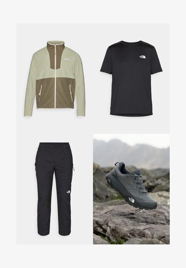 Flisjakna z visokim ovratnikom, z lahkim zelenim zgornjim delom in temno zelenim spodnjim delom. Zadrževalne žepe in logo na prsih.; Črna kratkosleevena majica iz lahkotnega materiala. Ima majhen bel logo na levem prsnem delu in diskretne poudarke na ramenskem predelu.; The North Face WINTER EXPLORATION TAPERED CARGO - Hlače za na prostem - black; Sive teka za trail tek, z teksturirano zgornjimi deli, trpežnim gumijastim podplatom in ojačanim kapico za prste. Ima vezi in logotip blagovne znamke na strani.