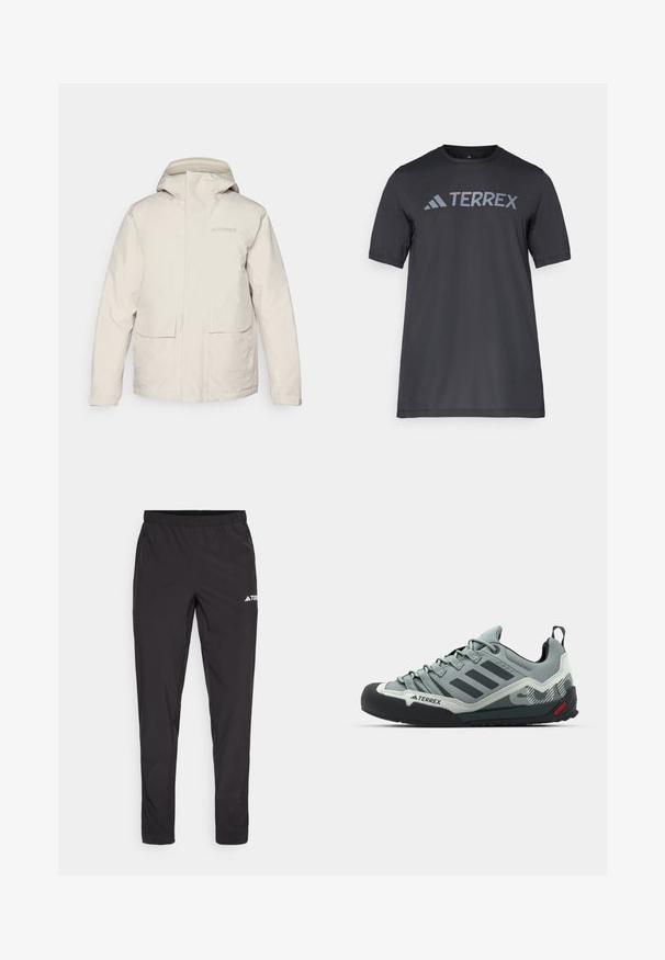 Jaqueta de chuva Terrex em bege claro com capuz, apresentando grandes bolsos frontais e uma marcação discreta. Material liso e resistente à água.; Camiseta preta de manga curta feita de tecido leve, com o logótipo cinza-claro "TERREX" atravessando o peito e um decote redondo.; Calças de treino pretas com uma cintura elástica, dois bolsos laterais com fecho e um logótipo na parte superior da perna direita. Tecido liso e leve.; Chalkboard cinzas com um cabedal texturizado, bico de borracha preta, três riscas escuras e um pequeno destaque vermelho na sola.