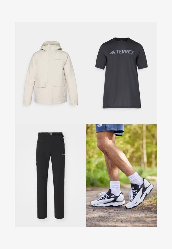Lysbeige Terrex regnjakke med hætte, der har store forlommer og diskret branding. Glat, vandafvisende materiale.; Sort kortærmet t-shirt lavet af let stof, med et lys gråt "TERREX" logo på tværs af brystet og rund halsudskæring.; Sorte udendørsbukser med glat stof, sidelommer med lynlås, forstærkede knæsektioner og en justerbar talje med spænde.; Sorte og hvide sportsko med mesh-overdel, teksturerede accenter og hvide snørebånd. Båret med hvide ankelstrømper og marineblå shorts på en sti.