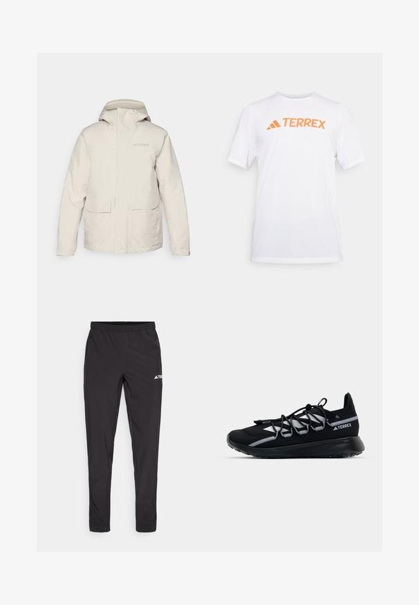 Hellbeige Terrex-Regenjacke mit Kapuze, großen Fronttaschen und dezentem Branding. Glattes, wasserabweisendes Material.; Weißes kurzärmliges Sportshirt aus atmungsaktivem Material, mit einem orangefarbenen "TERREX"-Logo auf der Brust. Einfaches Design mit klaren Linien.; Schwarze Sporthose mit einem elastischen Bund, zwei seitlichen Reißverschlusstaschen und einem Logo am oberen rechten Bein. Glattes, leichtes Material.; Schwarzer Sportschuh mit einem Obermaterial aus Mesh, reflektierenden Akzenten, elastischen Schnürsenkeln und einer strukturierten Gummisohle. Verfügt über ein schlankes Design für optimale Leistung.