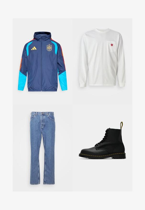 Marineblauw jack met capuchon, met blauwe mouwen, rode en gele accenten en een gouden Adidas-logo. Toont het embleem van het Spaanse nationale team.; Witte lange mouwen T-shirt van katoen, met een linkerkant borstzak met een rode hartpatch. Klassieke ronde hals en geribde manchetten.; Blauwe denim jeans met een rechte pasvorm, vijf zakken, riemlussen en een knoopsluiting. De stof heeft een zachte, gestructureerde afwerking.; Zwarte leren veterschoen tot de enkel met gele stiksels op de zool en een merklabel aan de hak, zijaanzicht op een effen achtergrond.