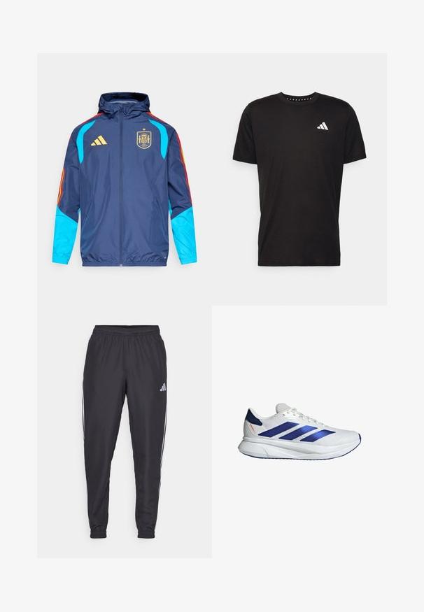 Navy jacket with a hood, featuring blue sleeves, red and yellow accents, and gold Adidas logo. Displays Spain national team crest.; Black cotton t-shirt with short sleeves, crew neckline, and a white logo on the left chest. Smooth texture and simple design.; Black athletic pants with an elastic waistband, featuring white stripes along the sides and a small logo on the hip. Smooth texture.; White athletic shoes with blue accents, mesh upper, three blue stripes, rounded toe, lightweight sole, and textured surface for grip.