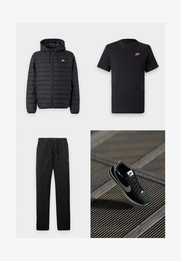 Black quilted hooded jacket with front zipper, drawstrings on hood, and small logo on left chest against plain background.; Black cotton t-shirt with a round neckline and short sleeves. Features a pink Nike logo on the upper left side. Smooth texture.; Black sweatpants made of fleece, featuring an elastic waistband with drawstrings, two front pockets, and a small logo on the thigh.; Black Nike sneaker with grey accents, suede and mesh materials, textured sole, narrow shape, and classic lace-up design.
