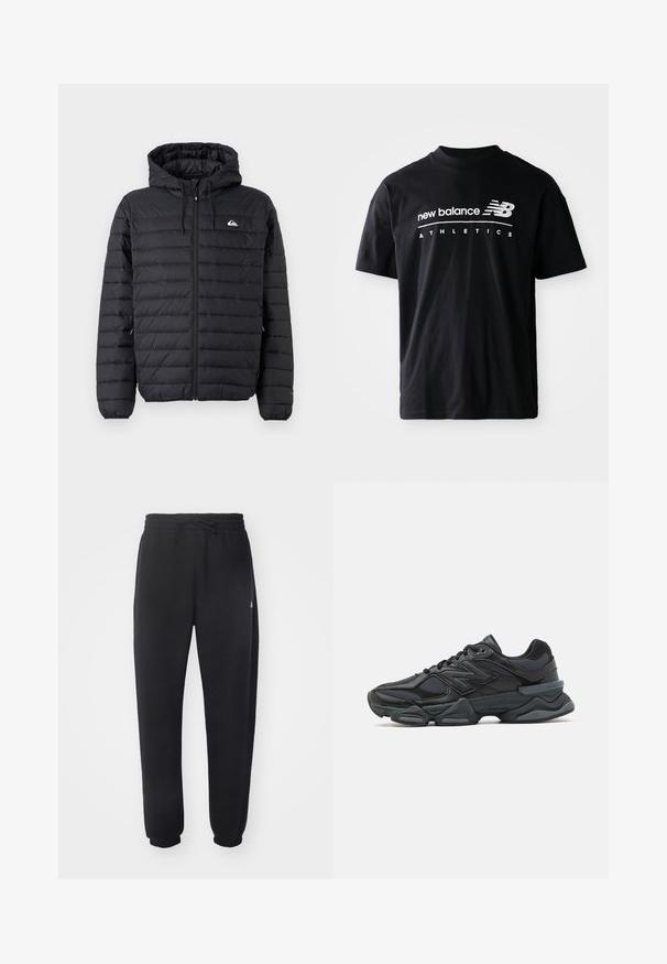 Melna quiltota kapuci ar priekšējo rāvējslēdzēju, kapuces auklām un mazu logo kreisajā krūtī uz vienkārša fona.; Melns kokvilnas T-krekls ar apaļu kaklu, īsām piedurknēm un baltu "new balance" un "ATHLETICS" tekstu uz priekšpuses.; Melni sporta bikses no mīksta materiāla ar elastīgu jostu, aukliņu un sašaurinātiem piedurknēm, ar smalku logo sānos.; Melna skriešanas apavi ar jauktu acu audumu un sintētiskiem materiāliem, masīvu zoli, izliekta dizaina elementiem un izteiktu zīmola logotipu uz sāniem.