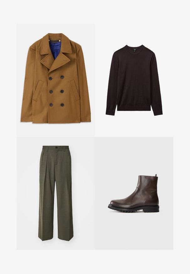 Hnedý vlnenný peacoat s dvojradovým zapínaním, veľkými klopami a čiernymi gombíkmi. Obsahuje bočné vrecká a modrú podšívku.; Reiss Svetrík - dark bordeaux; Filippa K WIDE TROUSERS - Nohavice - driftwood; Hnedé kožené členkové topánky s hladkým povrchom, elastickými bočnými panelmi, pŕhľavým pútkom vzadu a robustnou gumovou podrážkou.