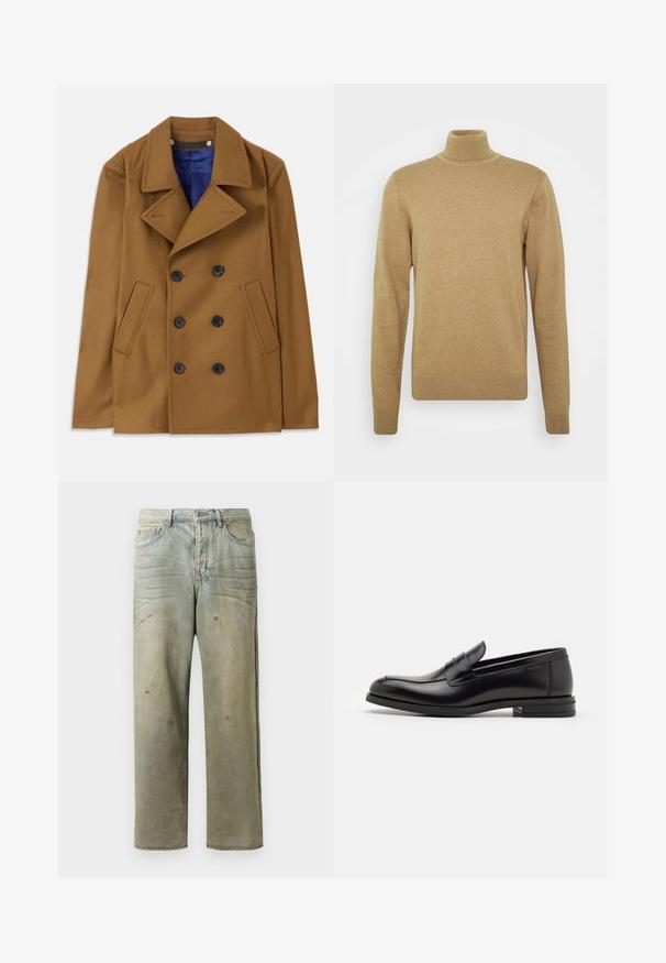 Ruskea villaparka, jossa on kaksinkertainen napitus, suuret kaulukset ja mustat napit. Siinä on sivutaskut ja sininen vuori.; Beige turtleneck-neule, joka on valmistettu pehmeästä neulosmateriaalista. Ominaisuuksiin kuuluvat pitkät hihat ja tiukka muotoilu. Ribperoitu helma ja kauluskoristeet.; Vaaleanvihreät kulutetut farkut suoran lahkeen, viiden taskun muotoilun ja epätasaisen haalistumisen sekä maalikohoumiin kanssa.; Mustat nahkakengät, joissa on sileä pinta, pyöreä kärki ja koristeellinen nauha jalkapöydän yli. Matala pinoitu koroke, minimalistinen muotoilu.