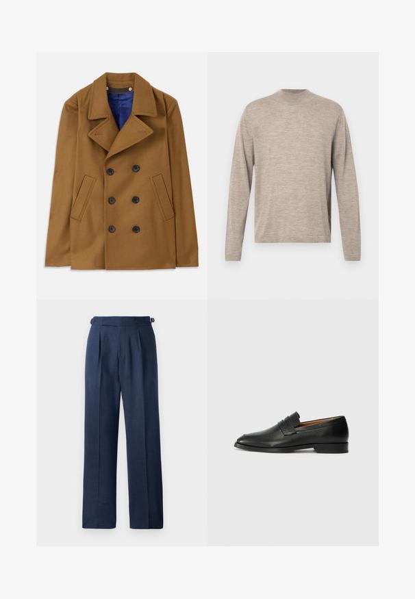 Abrigo de lana marrón tipo peacoat con un diseño de doble botonadura, amplios solapas y botones negros. Con bolsillos laterales y un forro interior azul.; Suéter de manga larga color beige claro con cuello redondo, hecho de una tela suave, que presenta un ajuste holgado y una textura sutil. Sin patrones ni acentos.; Pantalones ajustados azul marino, confeccionados en tela texturizada, con una cintura alta, pinzas y tirantes laterales ajustables para un mejor ajuste.; Mocasín de cuero negro con punta redonda, detalles de costura sutil y un tacón bajo, que presenta una textura suave y un diseño minimalista.