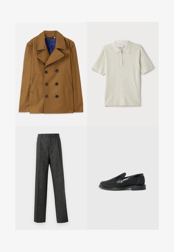 Abrigo de lana marrón tipo peacoat con un diseño de doble botonadura, amplios solapas y botones negros. Con bolsillos laterales y un forro interior azul.; Polo de manga corta en un beige claro con cuello con cremallera. Fabricado en un tejido suave, presenta un diseño sencillo y moderno sin patrones.; Pantalones gris ajustados hechos de una tela texturizada, con dos pliegues frontales y un diseño de pierna recta. Sin bolsillos visibles ni adornos.; Zapato negro de tejido con un acento de cuero suave en la parte superior, diseño de punta redonda y suela de goma de perfil bajo.