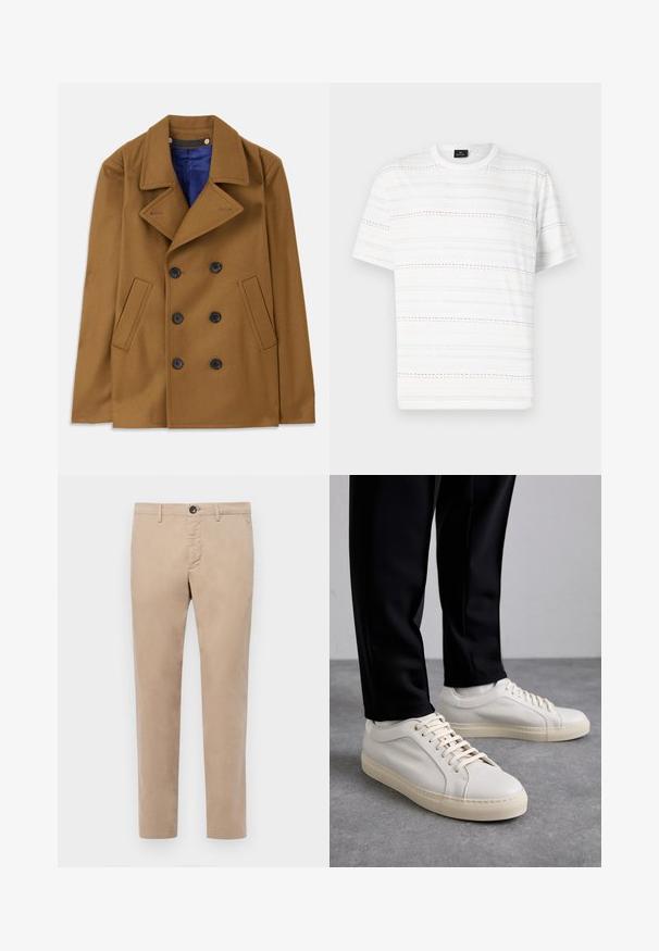 Barna gyapjú peacoat, dupla gombolású kivitelben, nagy hajtókákkal és fekete gombokkal. Oldalsó zsebekkel és kék béléssekkel rendelkezik.; Fehér póló rövid ujjakkal, világoskék, rózsaszín és fekete vízszintes szaggatott vonalakkal díszítve. Klasszikus kerek nyakú kialakítás.; Beige színű, egyenes szabású pamut nadrág, cipzárral és gombos záródással, oldalzsebekkel. Sima tapintású, tökéletesen illeszkedő fazon.; Világos bézs bőr sportcipő lapos fűzőkkel, texturált felülettel és kontrasztos krémszínű gumitalppal, fekete irodai nadrággal párosítva.